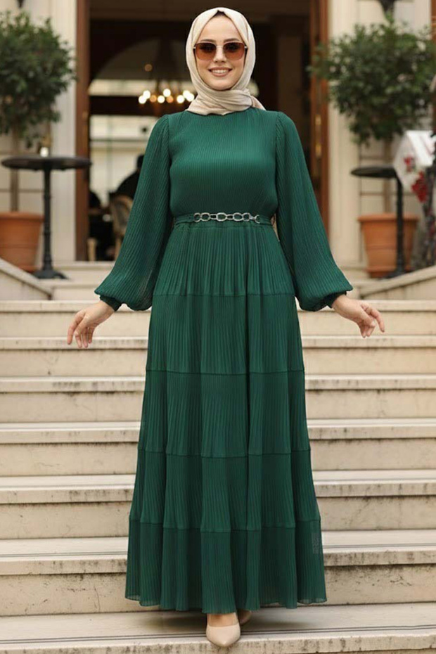 Layered Pleated Emerald Green Hijab Dress 44761Zy