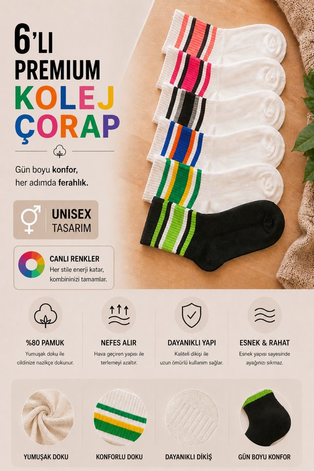 6 Pairs of Patterned Colorful Socks Colorful Unisex College Socks 6 Pieces