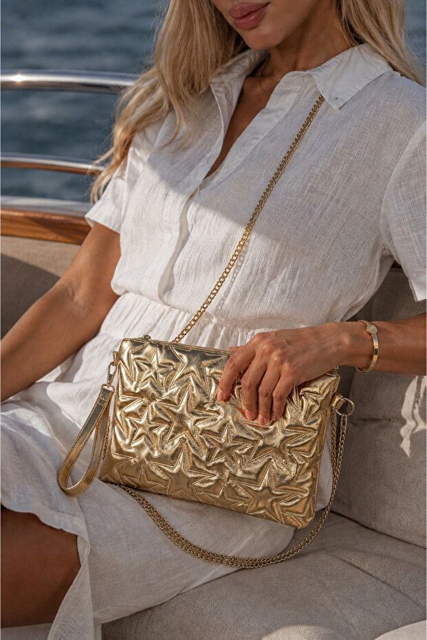Star Patterned Metallic Gold Women's Portfolio Bag with Chain Strap Hand and Shoulder Bag