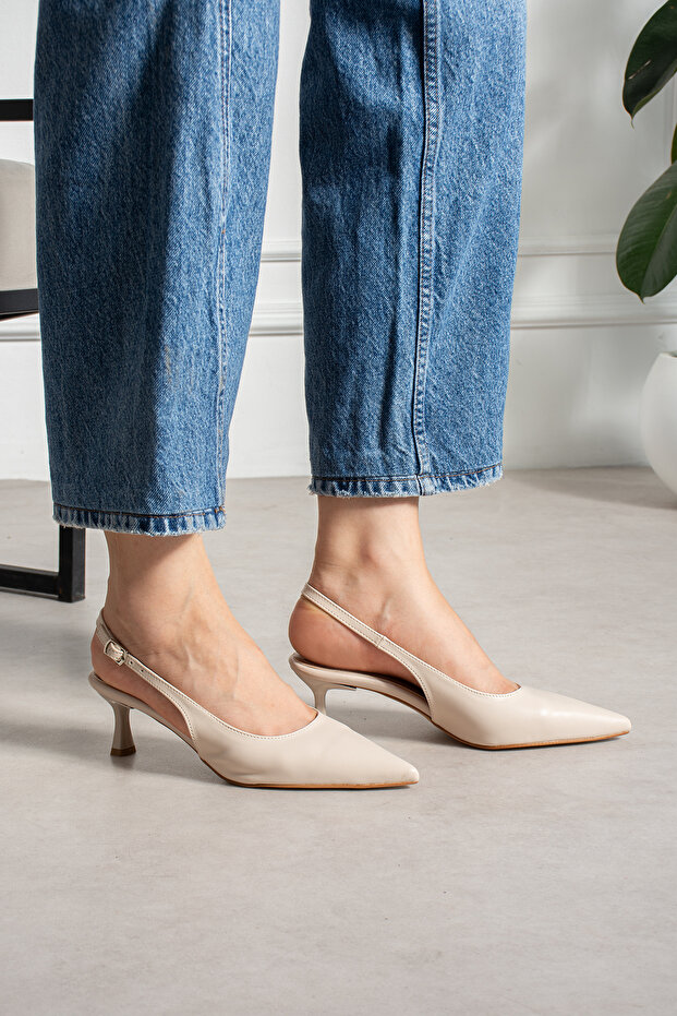 Grase Beige Matte Back Open Buckle Detail Pointed Toe Women's Shoes