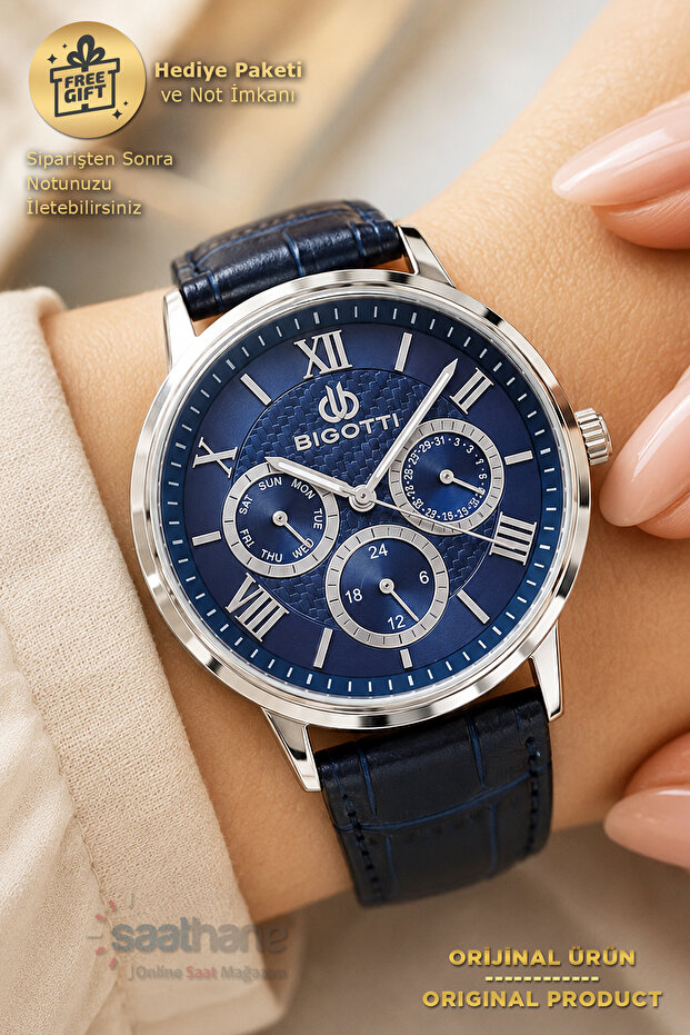 Women's Navy Blue Multifunctional Leather Strap Wristwatch 664642