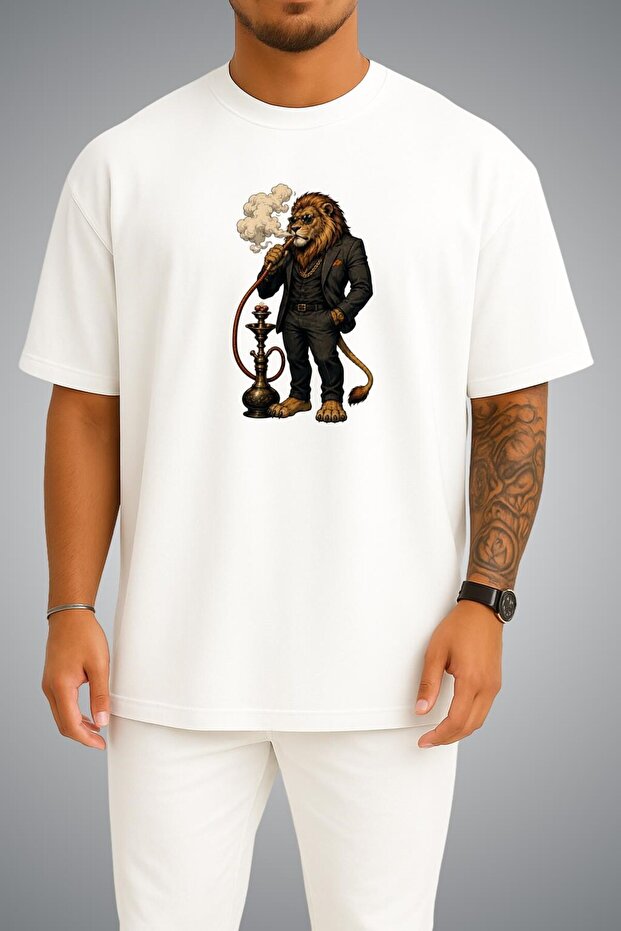 Oversize Lion Smoking Hookah Chest and Back Printed Unisex T-Shirt