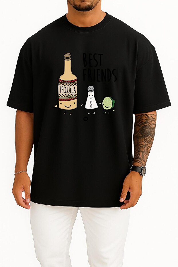 Oversized Tequila Salt and Lemon Is My Best Friend Chest B Printed Unisex T-Shirt