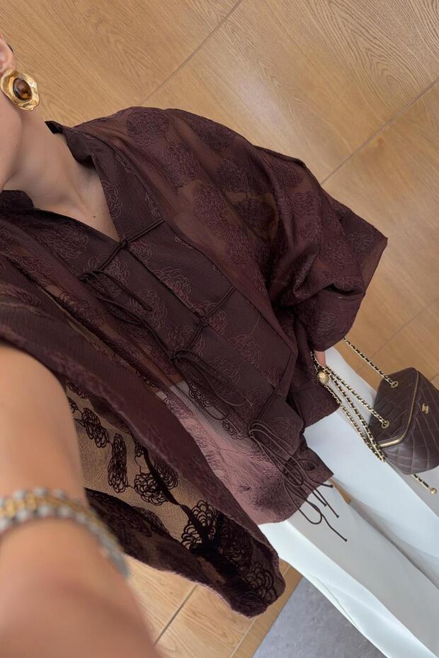 Jacquard Patterned Mandarin Brown Blouse - 3