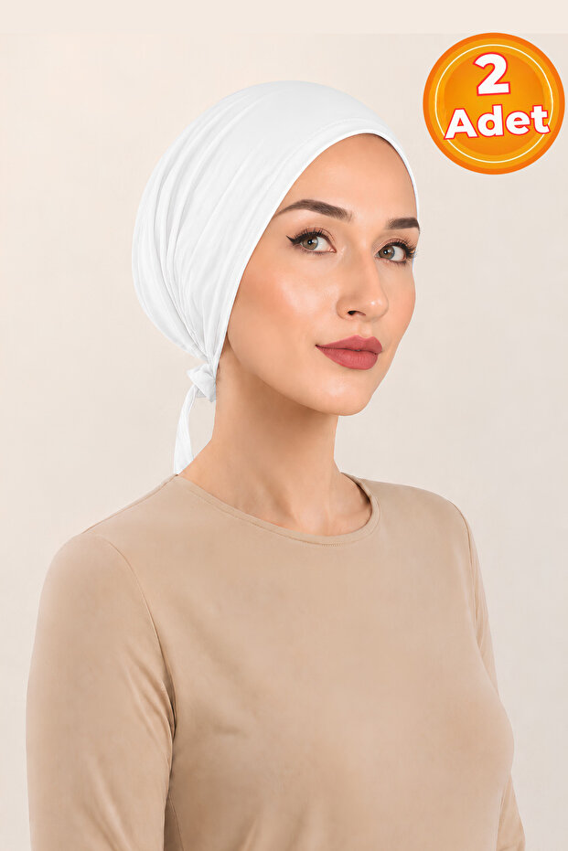 2 Pieces of White Combed Cotton Bonnets with Cotton Stitched Fronts | Stretchy Comfortable Daily Use Hijab Undergarment