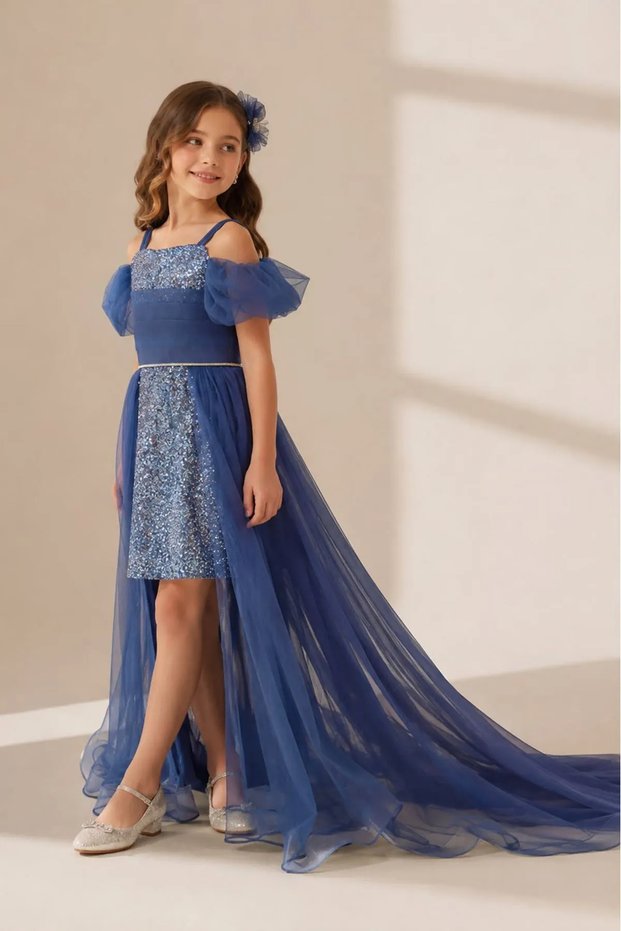 My Little Girl's Stone Embellished Cape Detailed Evening Dress - Indigo