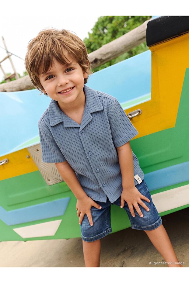 Basic Waffle Shirt for Ages 2-5 - Blue