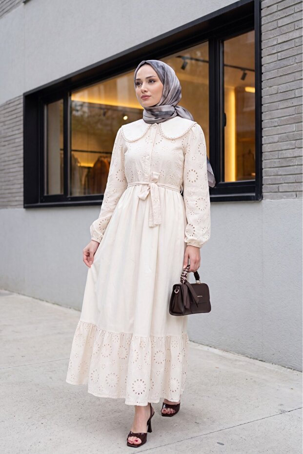 Baby Collar Half Buttoned Scalloped Dress -Beige