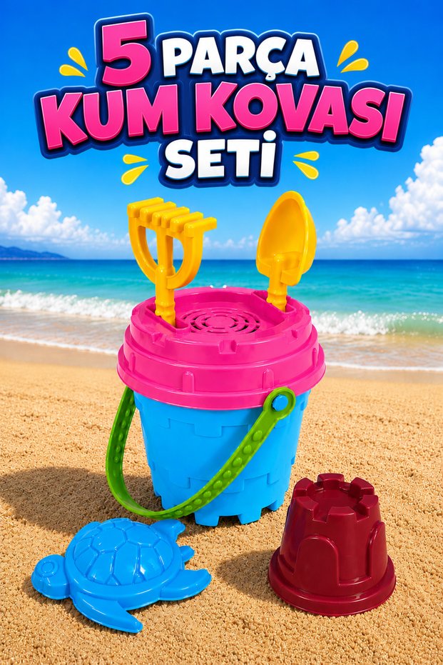Small Size Round Sand Bucket Set 5-Piece Beach Toy Bucket Shovel Rake Castle and Figure Molds Sea Sand Toy Set