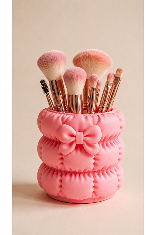 Puffy Makeup Brush Holder with Bow Detail & Multi-Purpose Desktop Organizer