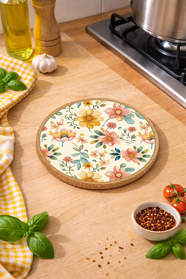 Flower Patterned Cork Pot and Pan Mat 19cm Diameter 1cm Thickness
