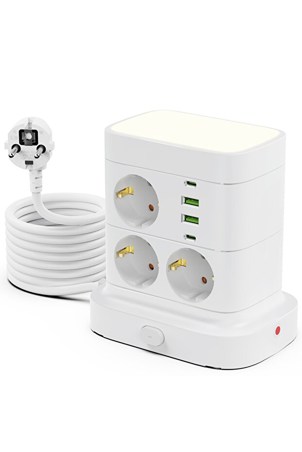 شريط طاقة عمودي أبيض اللون مزود بمنافذ متعددة، منفذي USB + منفذي Type C، كابل تمديد بطول 2 متر، قابس أوروبي
