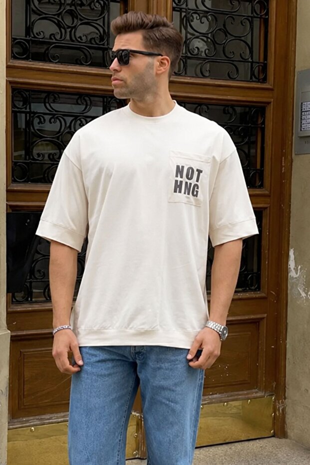 Ecru Oversize T-Shirt with Pocket Detail 7008