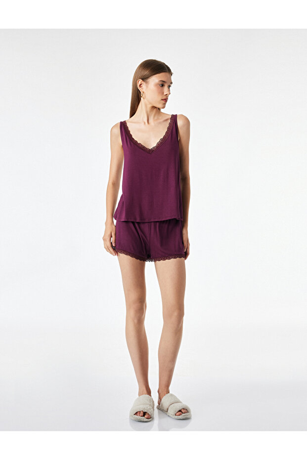Lace Detailed Comfortable Fit Shorts Viscose Pajama Bottoms