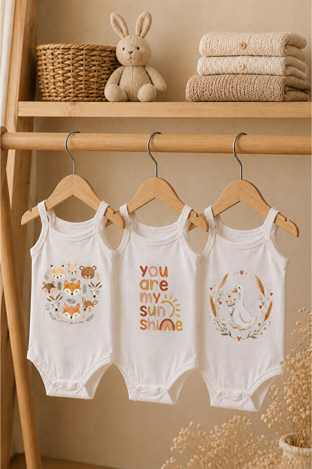 100% Cotton 3-Piece Baby Bodysuit Set with Straps – Forest Animals, Sunshine Lettering and Goose Pattern Summer Baby Bodysuit