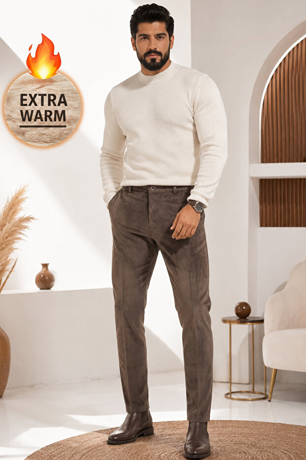 Men's Chestnut Brown Velvet Trousers with Fleece Inside, Ribbed Classic Cut with Pockets