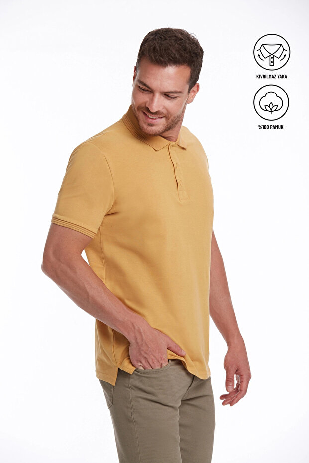 Yellow Regular Fit 100% Cotton Non-Curling Polo Collar T-Shirt
