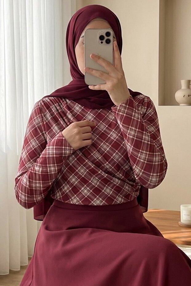 Plaid Patterned Blouse with Gathered Sides - Burgundy