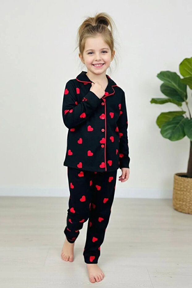 My Little One's Suede Heart Patterned Girls' Pajama Set - Black