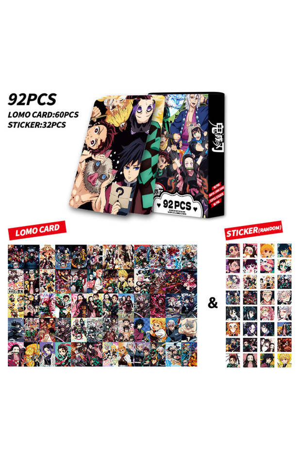 Bandai 1Box Random-92Pcs 92 Pcs Genuine Demon Slayer Lomo Cards And Stickers Double Sided Hd Color P