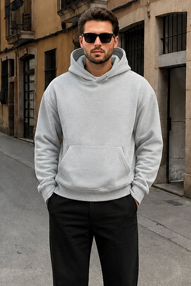 سويت شيرت رجالي مطلي باللون الرمادي بغطاء رأس Kangaroo Pocket E7169