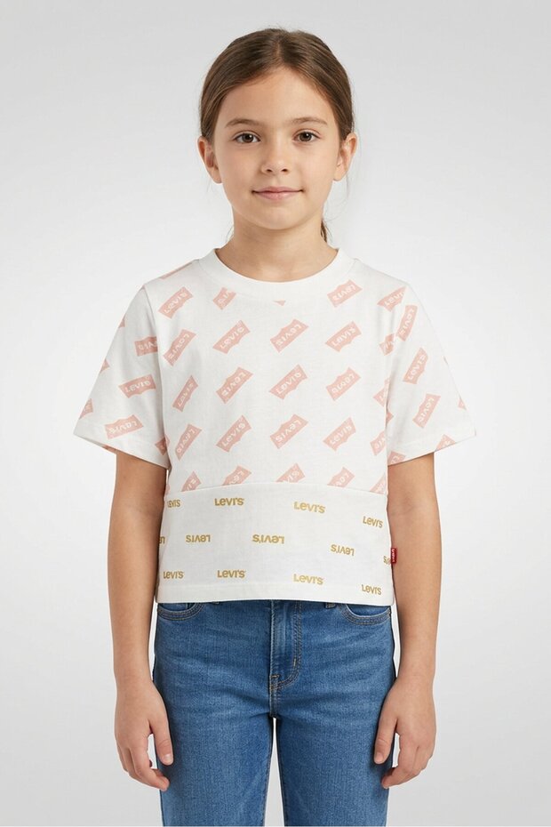 Kids Girl Crew Neck Short Sleeve Brand Logo T-Shirt, White