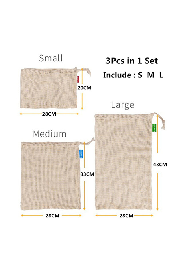 3 in 1 set Reusable Cotton Mesh Produce Bags for Vegetable Fruit Food Kitchen Washable Grid Storage