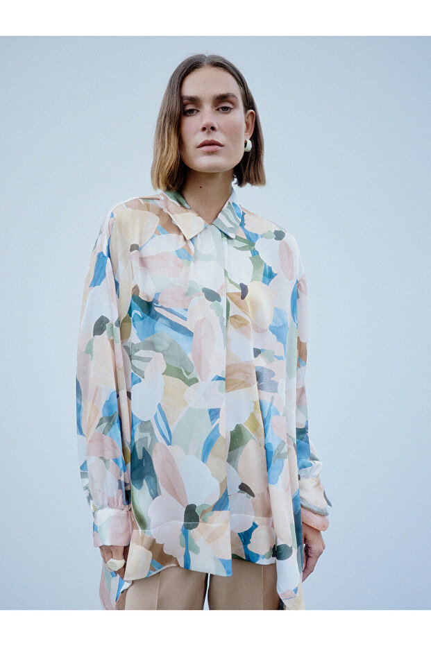 Lcw Modest Mixed Shirt Collar Patterned Satin Women's Tunic