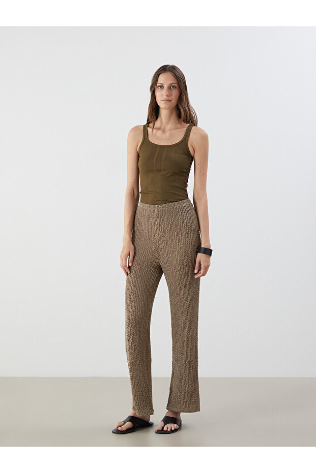 Lcwaikiki Classic Khaki Elastic Waist Textured Women's Trousers