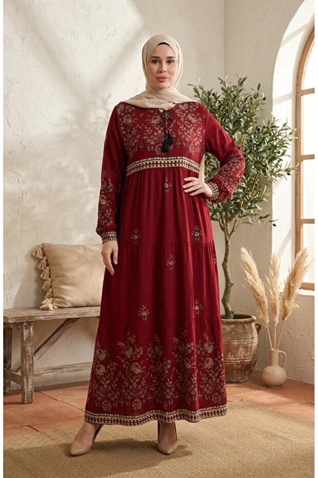 Large Size Floral Patterned Viscose Dress 4084-09 Claret Red