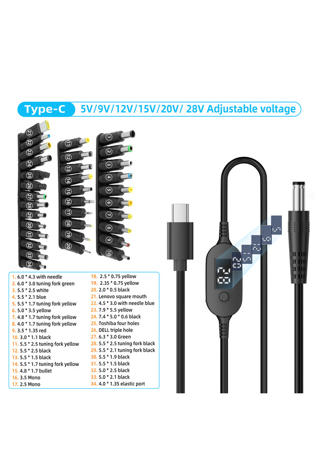 140W-TYX-PVC-34in3 140W USB C to 55 * 25 DC Power Cable Adjustable Voltage 5V-28V Charging Cable Ada