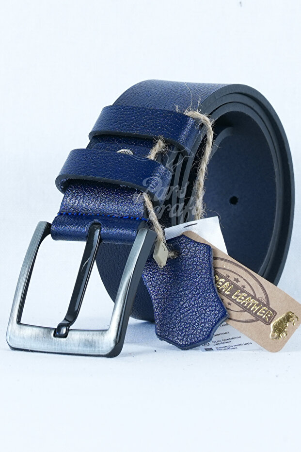 Durable 100% Genuine Leather Belt 4.5 cm Wide Navy Blue Men's Jeans Belt