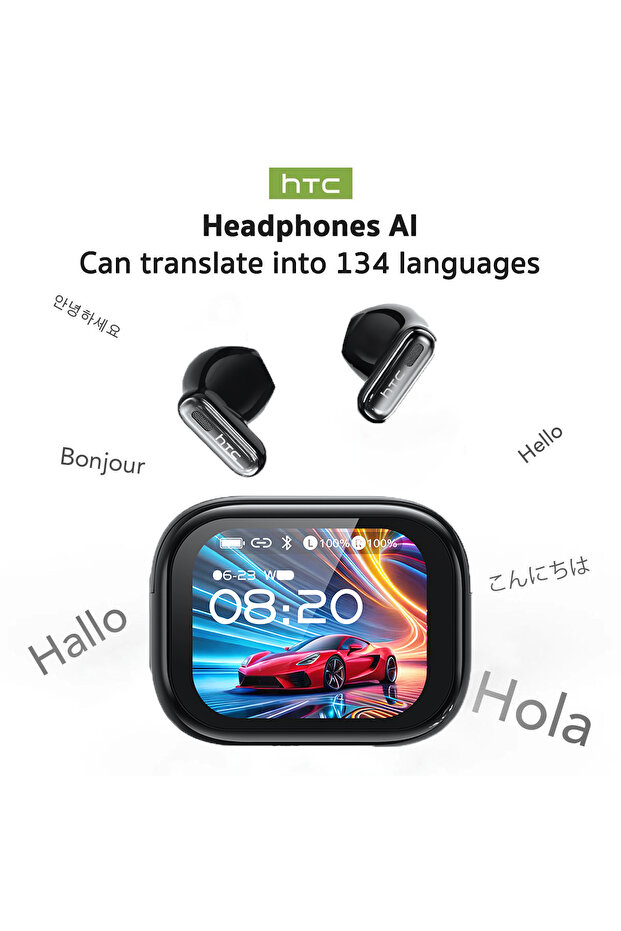 Black AI HTC NE68 AI Translator Wireless Bluetooth Earphones Touch Screen TWS HiFi Sound Earbud Noi
