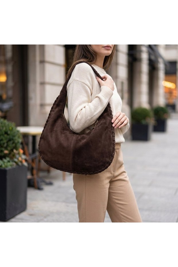 Women's Brown Suede Knitted Detailed Casual Hobo Shoulder Bag Large Size