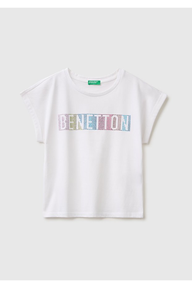 Benetton Girls' Stoned Round Neck T-Shirt 6-14 Years White
