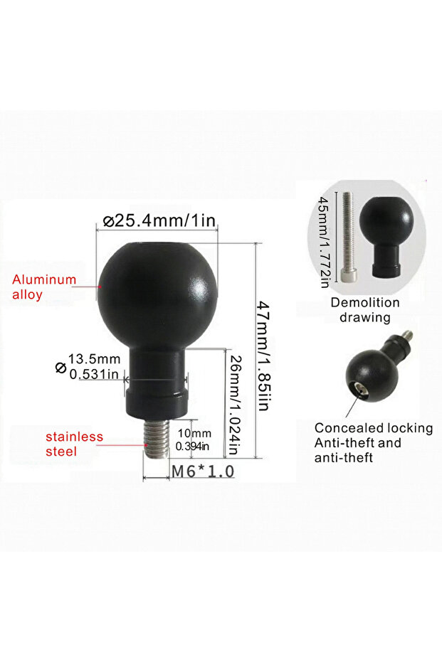 25.4mm M6 Aluminum 17mm/25.4mm Ball Head Adapter to M6 M8 M10 Bolt for RAM Garmin Mount Motorcycle P