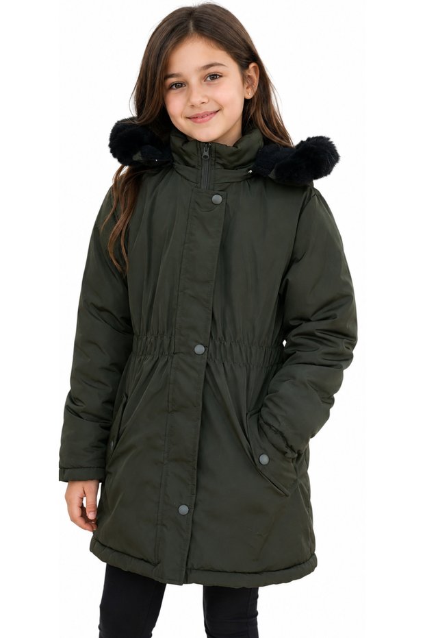 Girl's Khaki Elastic Waist Hooded Coat with Fur Trimmed Sleeves, Ribbed Zipper Snap Closure Midi Length Coat
