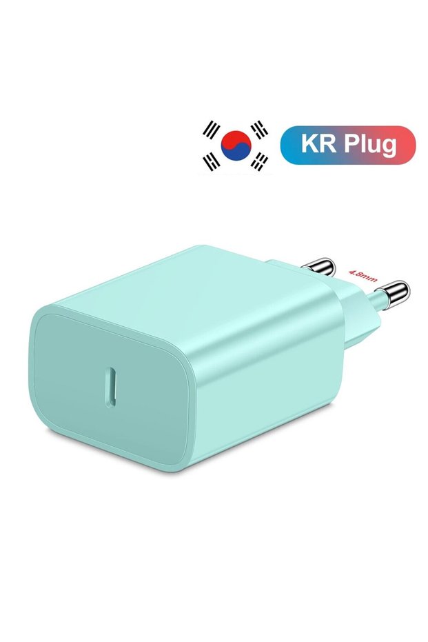 1PCS KR Plug Green 20W PD Korean USB C Type C Charger For iPhone 15 Fast Charging Cable For Xiaomi R