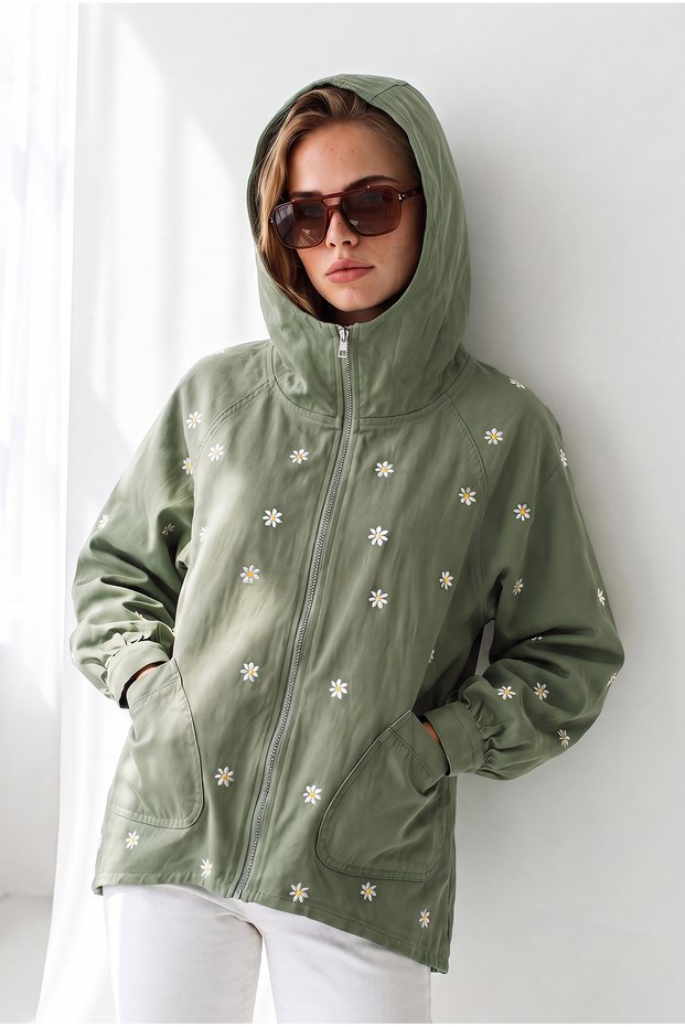 Women's Khaki Zippered Pocket Hooded Denim Jacket with Embroidery Detail Ckt-19000380