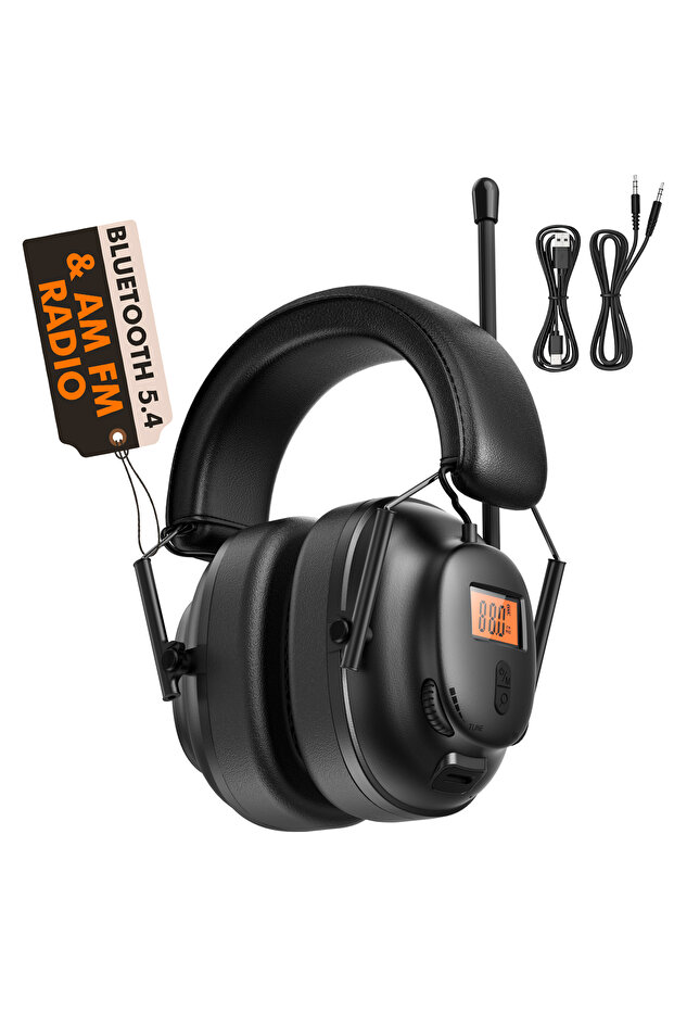 black Bluetooth 5.4 AM/FM Radio Headphones with 30dB Ear Protection, 50H Playtime. USB-C Rechargeabl