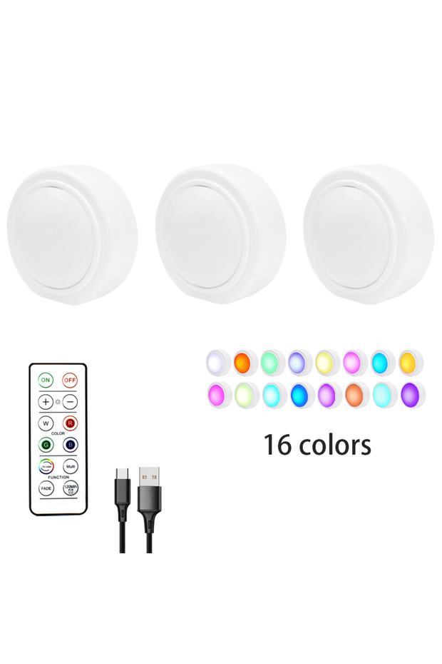 إضاءة LED تحت الخزانة بـ 3 مصابيح ووحدة تحكم واحدة، 16 لونًا، قابلة لإعادة الشحن عبر USB، إضاءة خافتة لخزانة النبيذ