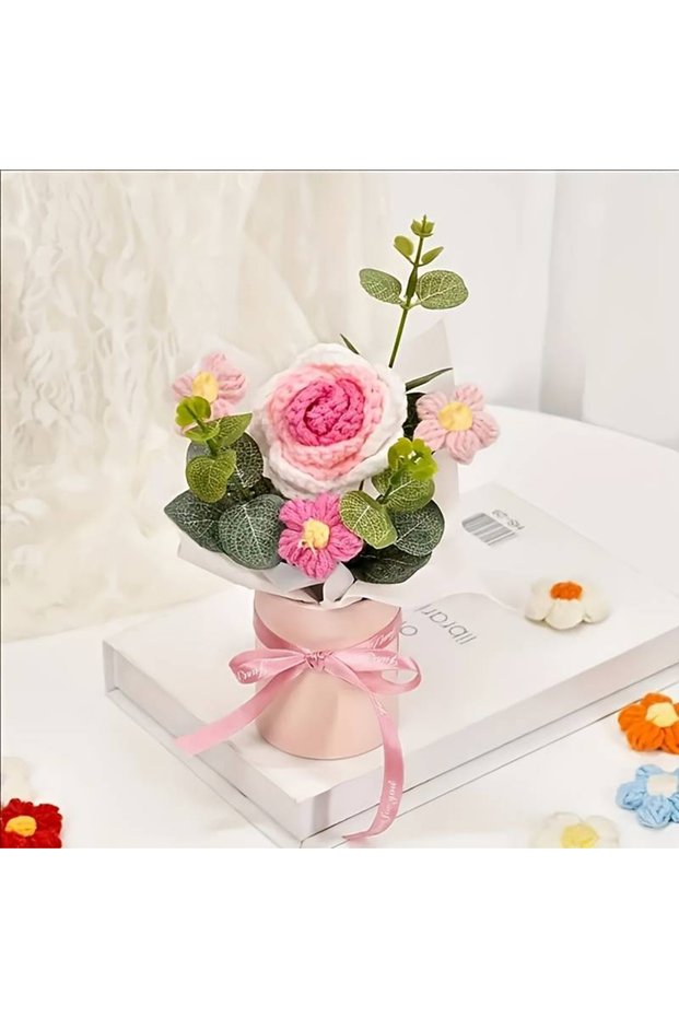 rose pink 1 Piece of Beautiful Handmade Crocheted Rose and Sunflower Bouquet with a Hug Bucket, Vale