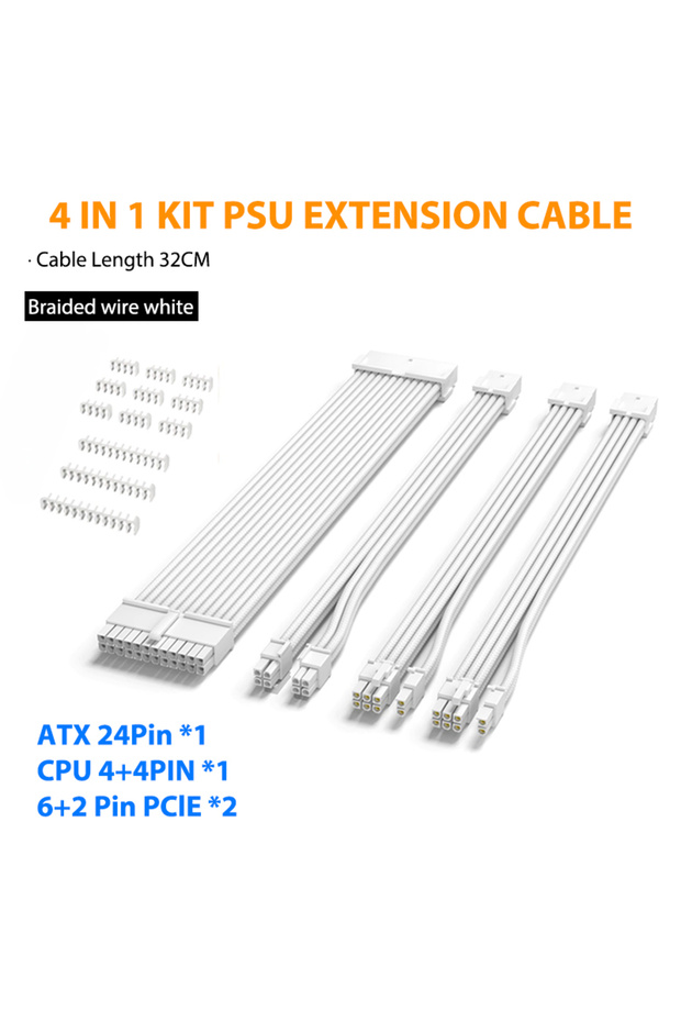 30cm 4 IN 1-White PSU Extension Cable Motherboard Cable 24Pin ATX/8Pin EPS/6+2Pin PCIe,18AWG Sleeved