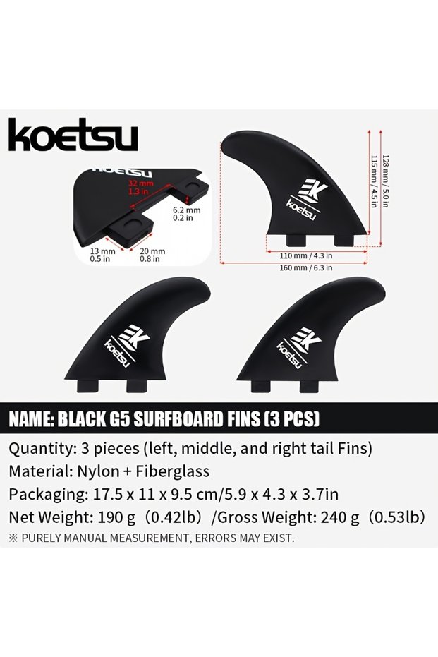 black KOETSU 3-Piece Set of White, Black and Red G5 Surfboard Fins, Easy to Assemble, Suitable for B