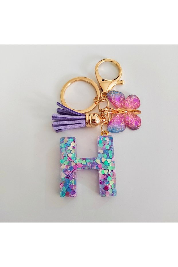 H Fashion butterfly Fringe Initial Keychain Drop Glue Blend Sequin A-Z26 Letter Keychain Cute Ladies