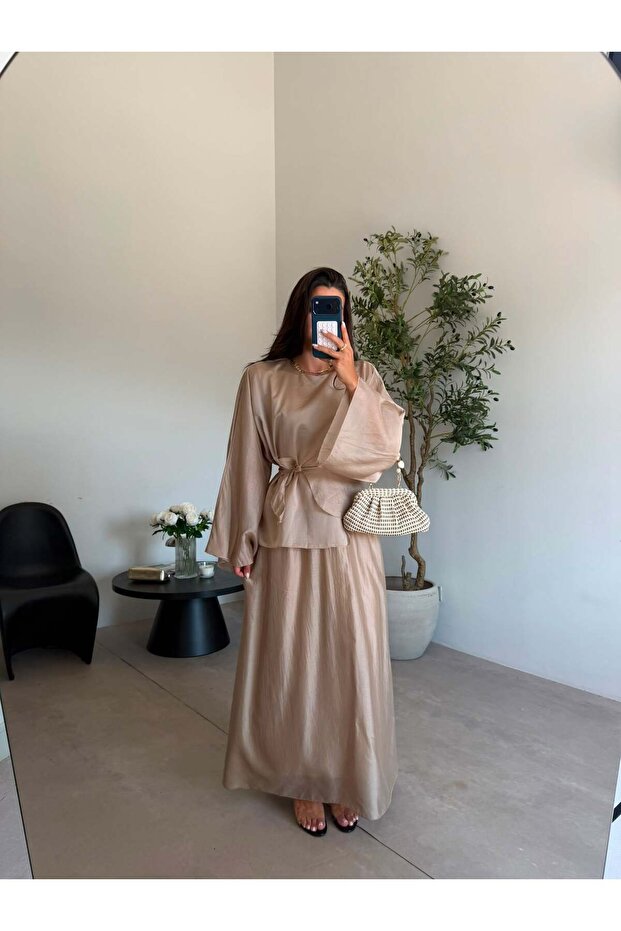Sand beige cape combined dress