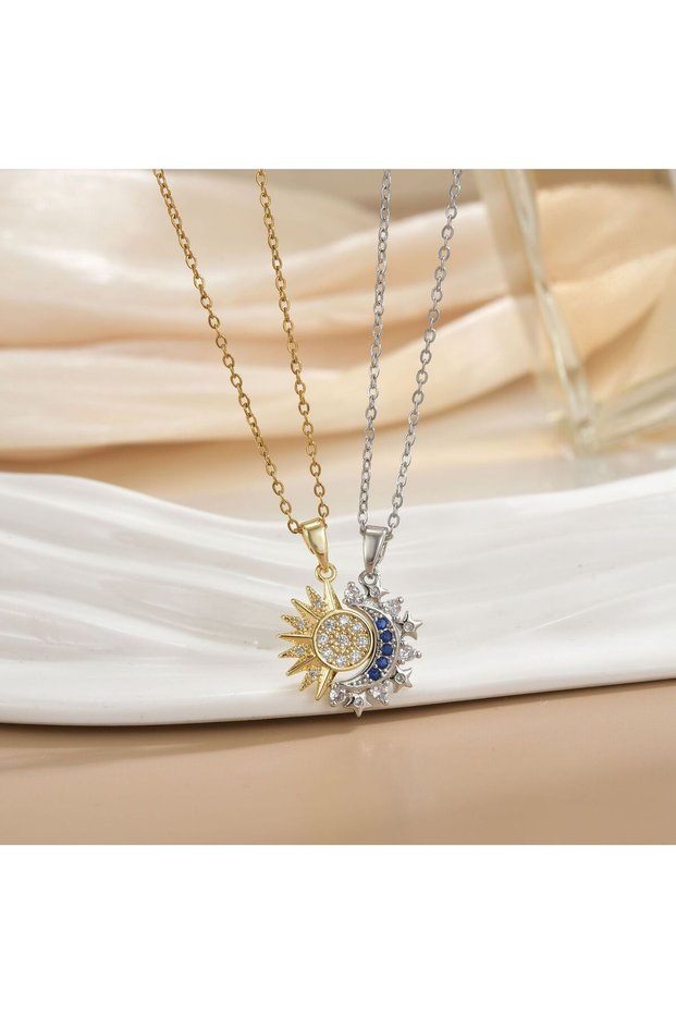 3 Couple Sun And Moon Pendant Necklace And Open Ring Gift Set, Retro Design, Set With Diamonds For H