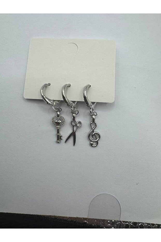 3-Piece Women's Earring Set with Silver Color Musical Note, Scissors and Key Figures – Stylish and Elegant