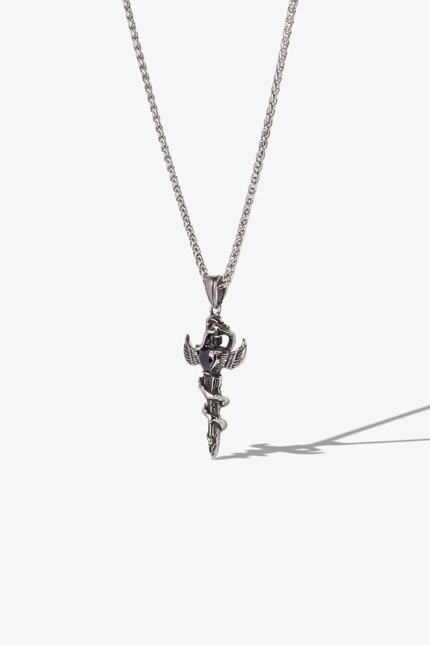 Stainless Steel Necklace with Sword Bat Stone Wings