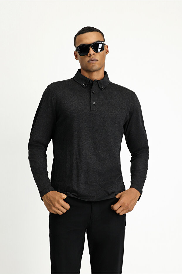 Polo Neck Regular Fit Striped Cotton Sweatshirt
